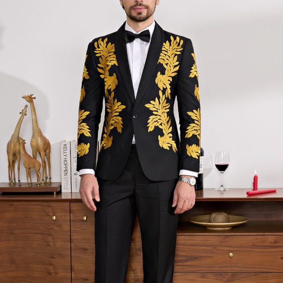 Men's Two-Piece Floral Jacquard Dress Suit Set: Single Button Printed Dinner Jacket and Matching Trousers White and Black