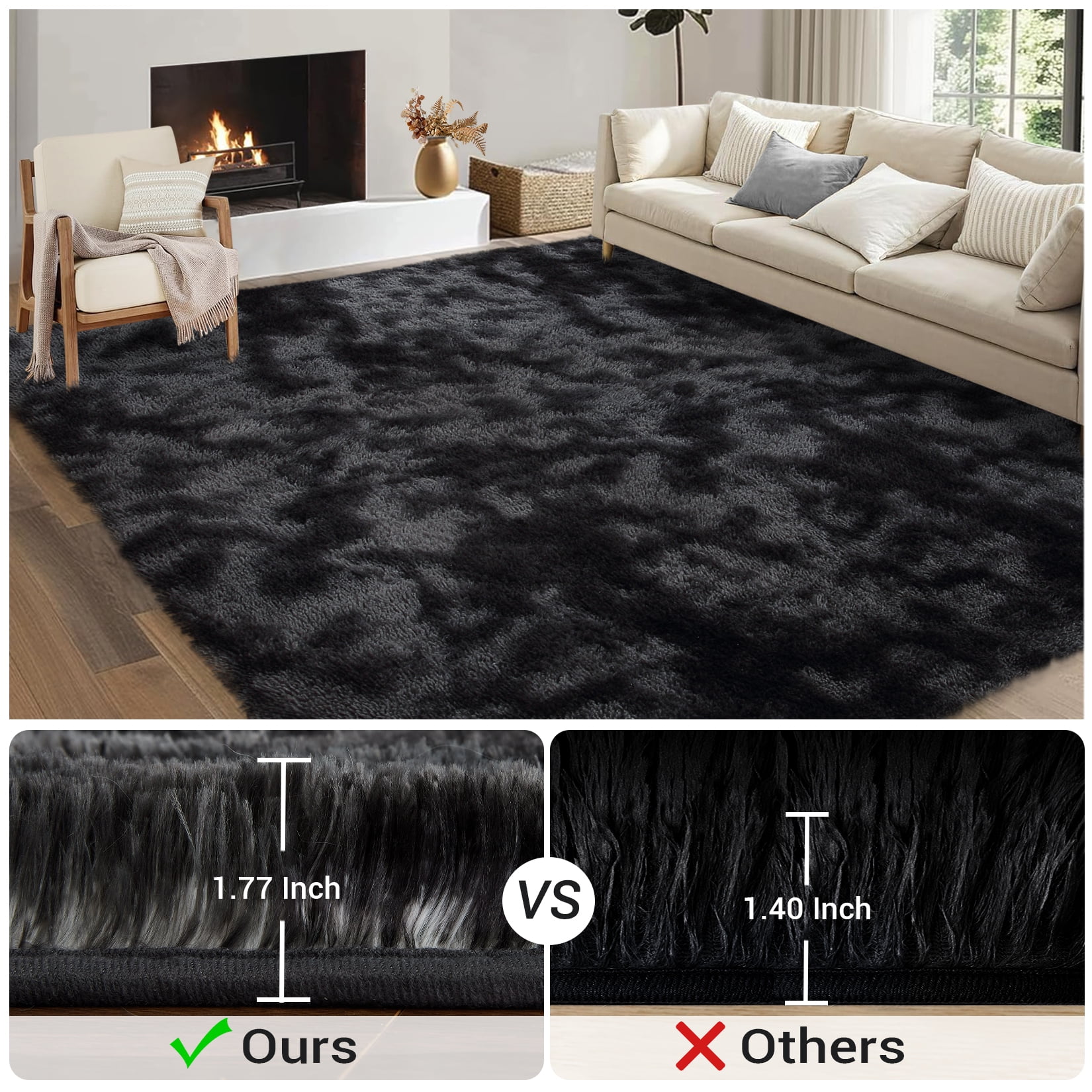 HOMERRY 9 x 12 Fluffy Area Rug for Bedroom, Fuzzy Shag Area Rug for Living Room Non-Skid Plush Large Rug Shaggy Decorative Accent Rug for Indoor Home Floor Carpet, Tie-dye Gray/Black