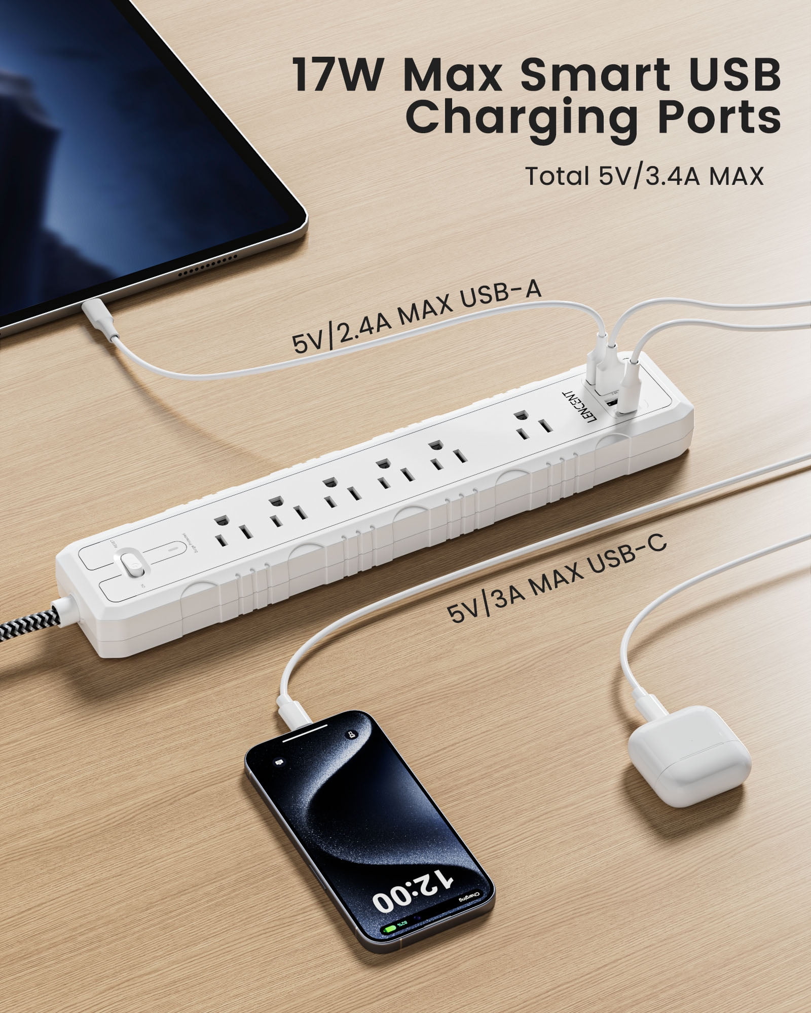 LENCENT 2 Prong Power Strip 6ft, 6AC+4USB(1Type-C), Surge Protector, 2-to-3 Prong Polarized Flat Plug for Indoor