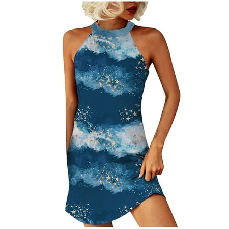 

Formal Dresses for Women Sweater Dress Trendy Women Summer Leisure Sleeveless Halter Printed Dress Savings Clearance Deals Maternity Dress for Photoshoot Girls Dresses Blue 2XL