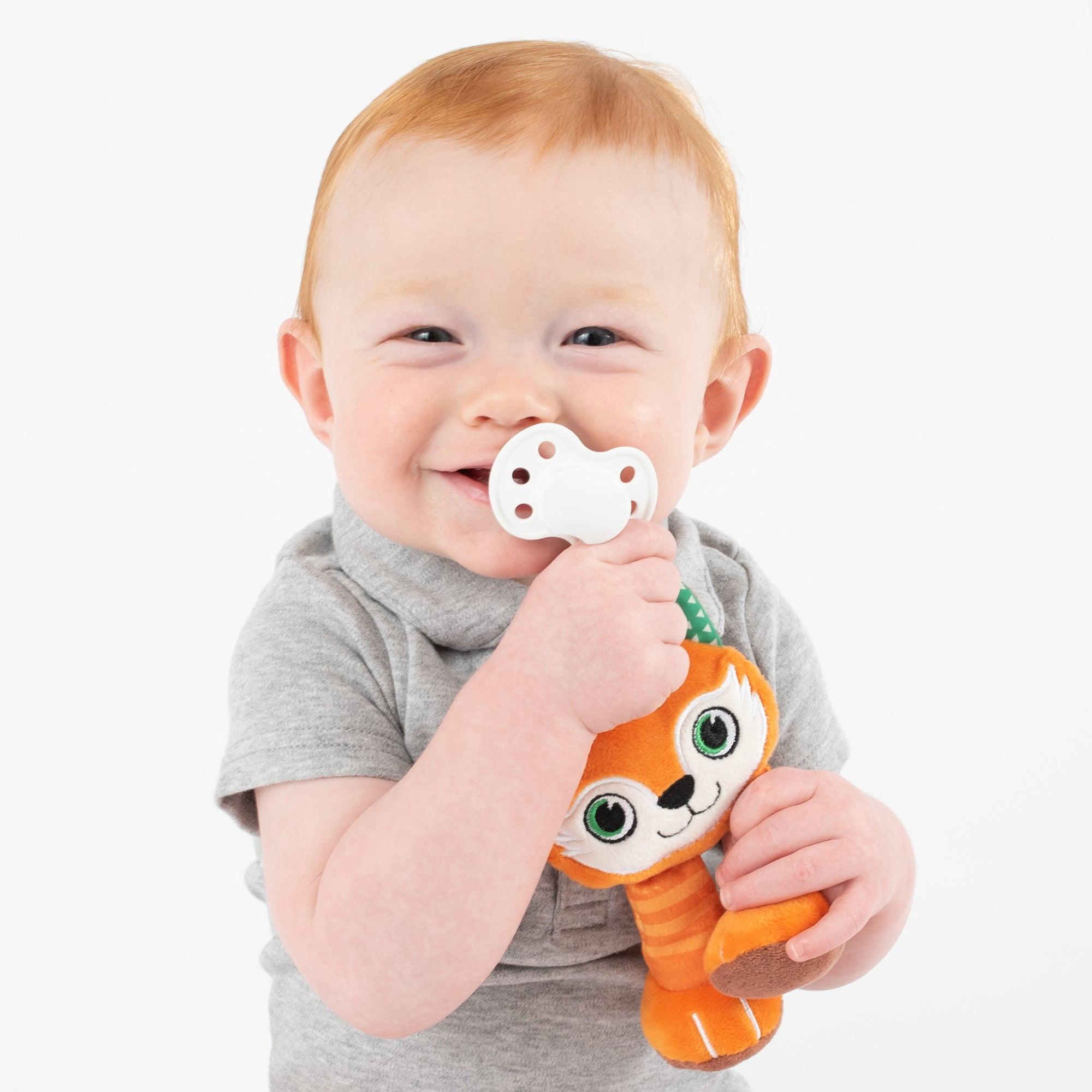 BooginHead Universal Pacifier Holder Stuffed Animal, Infant Toddler Boys and Girls, Red Fox