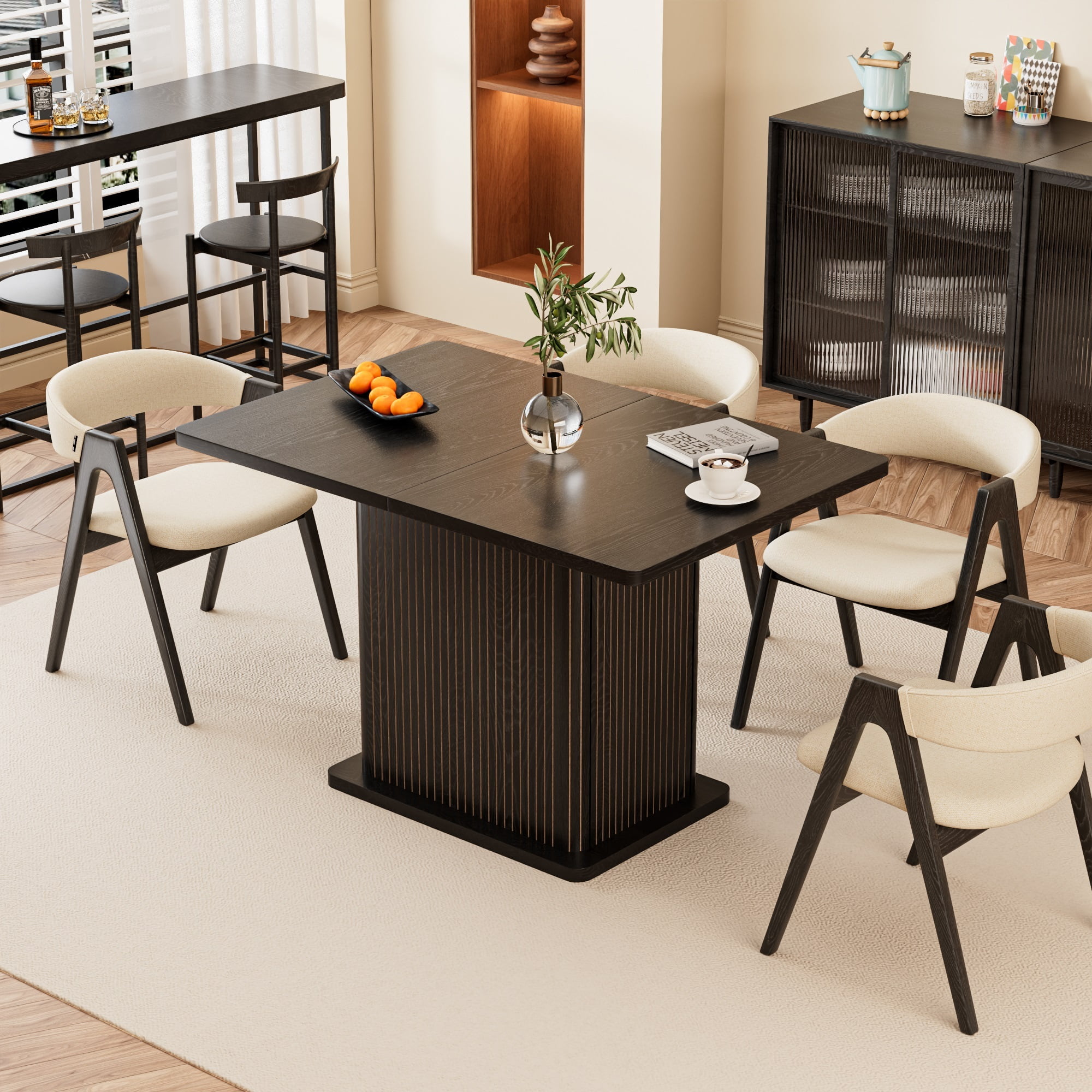 Extendable Dining Table for 4-8, Rectangle Dining Room Table with Storage, Modern Kitchen Table for Dinner, Living Room, Black