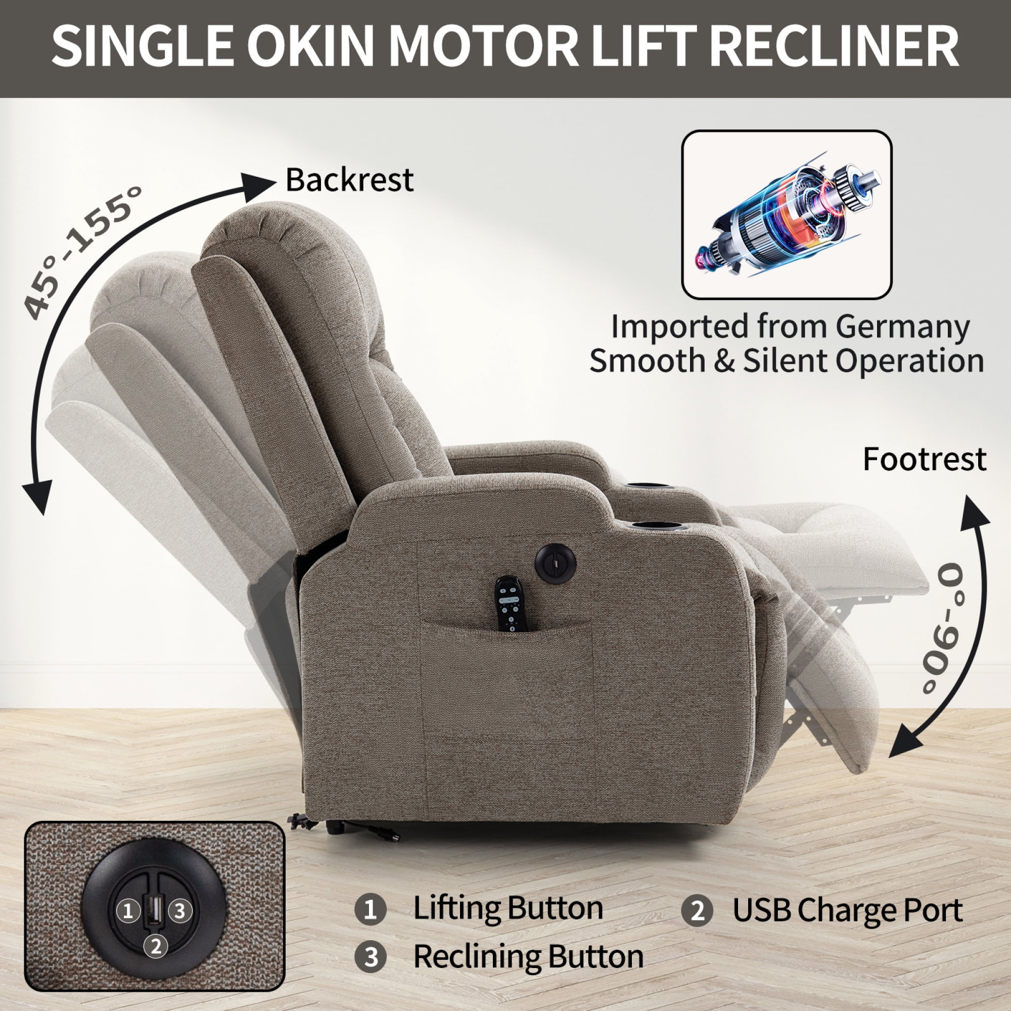 Power Lift Recliner Chair for Elderly,Heavy Duty Infinite Position Recliner Chair with 8-Point Vibration Massage and Lumbar Heating,USB Charging Port, Cup Holders,Brown