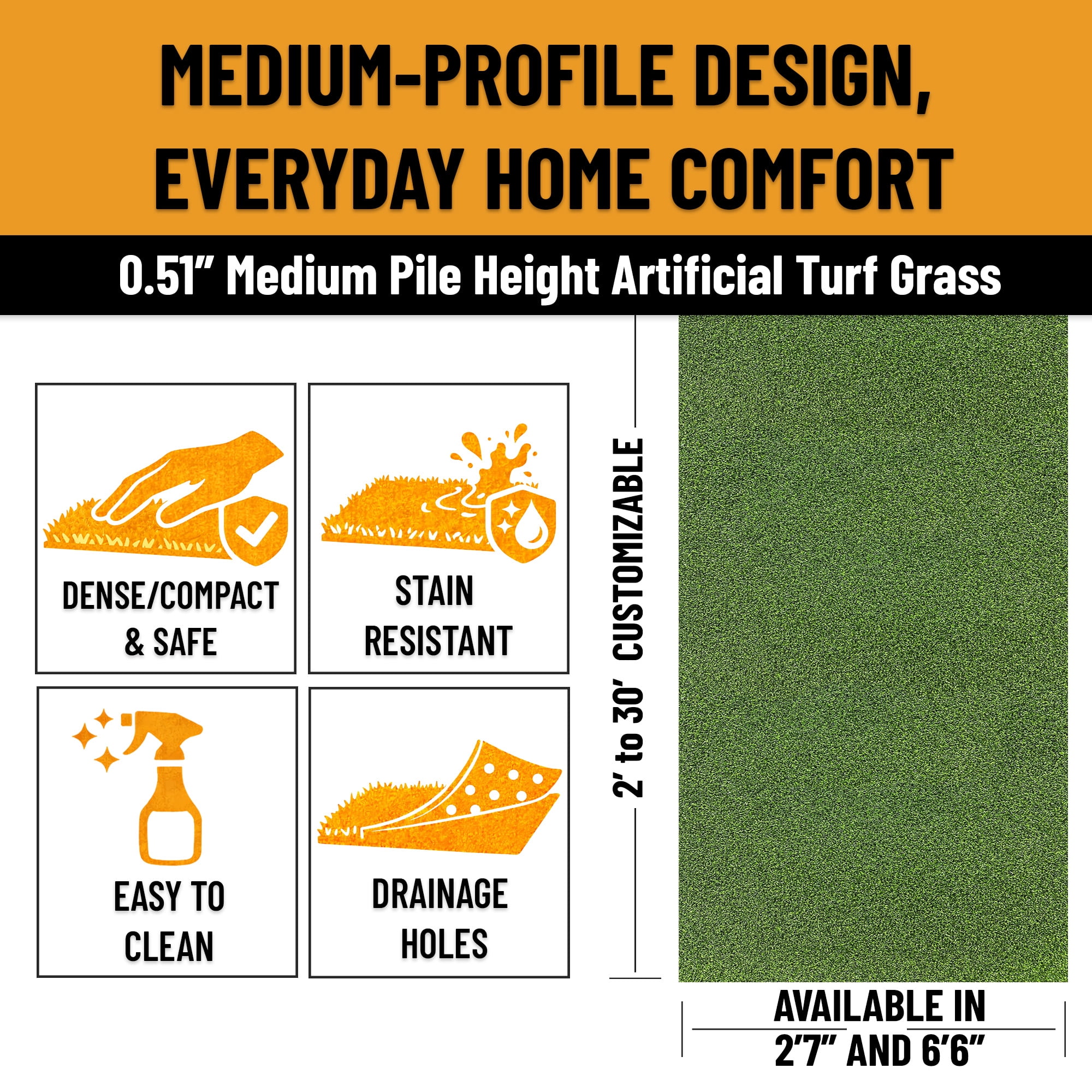 Ottomanson Pro Grass Premium Indoor Outdoor Artificial Turf Rug 2'7" x 7' Green Lawn Carpet