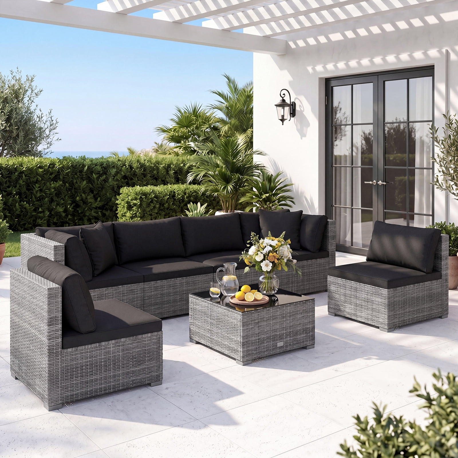 Costway 7PCS Patio Rattan Furniture Set Sectional Sofa Cushioned Garden Black