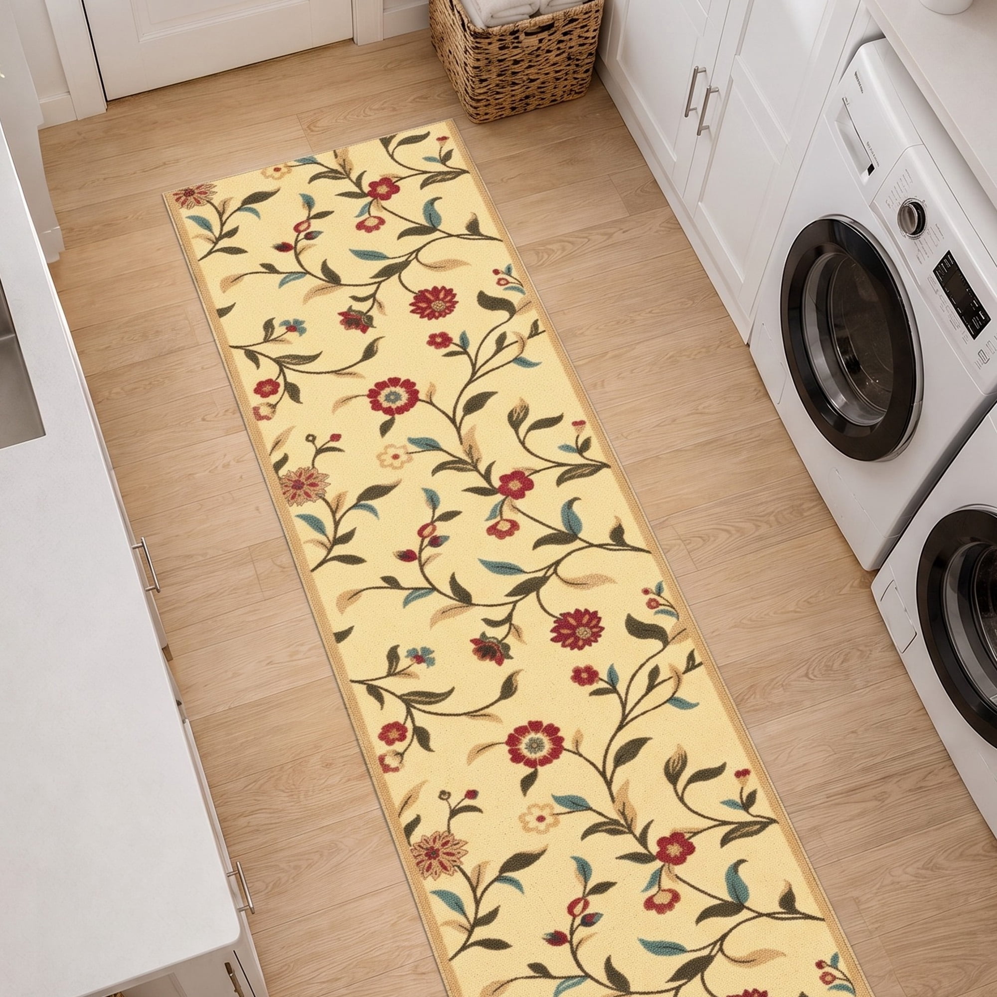 Ottomanson Extra Long Runner Rug 2'7" x 53' – Non-Slip Low Pile Hallway Carpet, Floral Beige