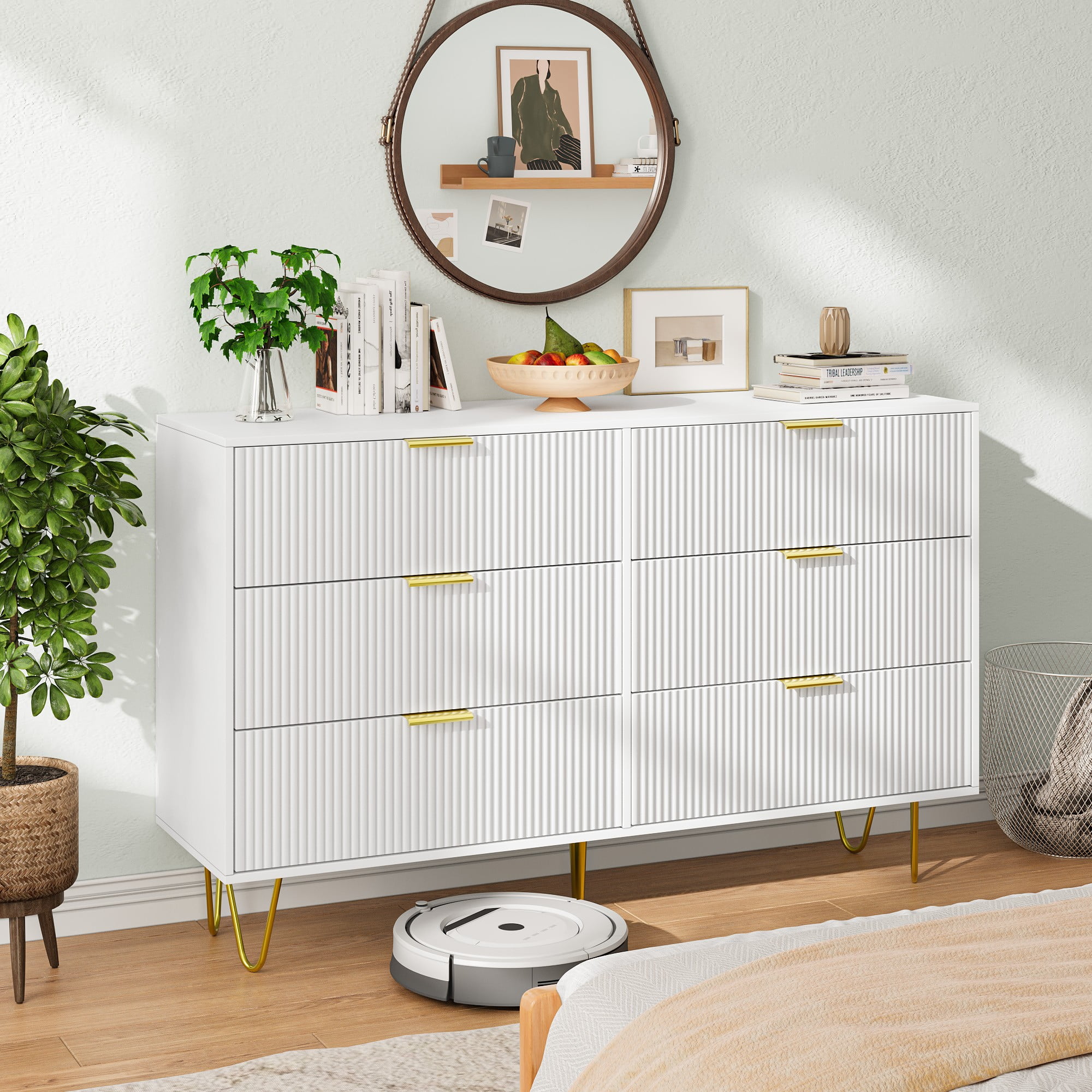 Finihen 6 Drawer Dresser, Small Size Wooden Drawers with Gold Handles, Chest Dresser with Deep Drawers, for Living Room, Bedroom, Hallway, Closet, White Finihen 6 Drawer Dresser, Small Size Wooden Drawers with Gold Handles, Chest Dresser with Deep Drawers, for Living Room, Bedroom, Hallway, Closet, White