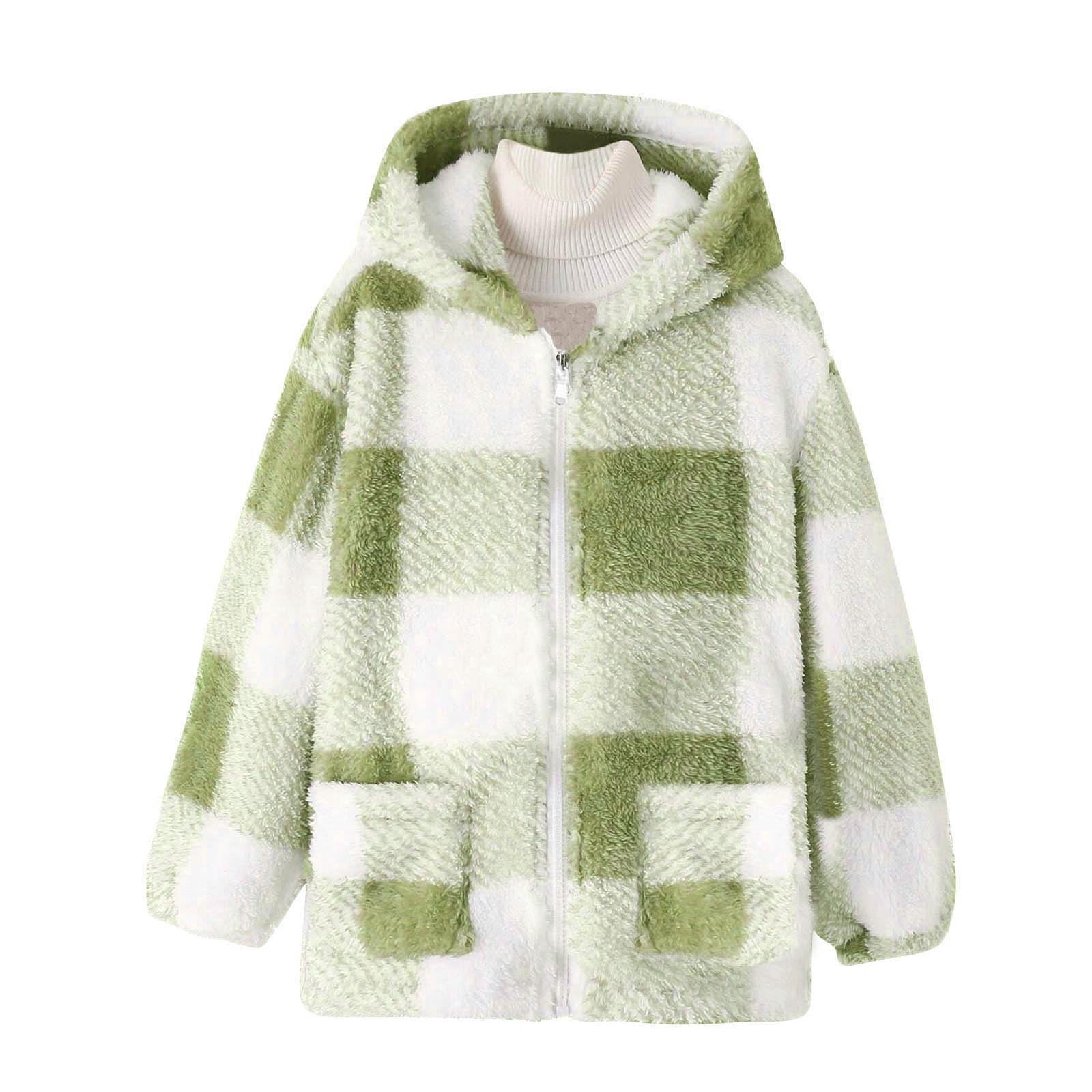 Xdegoge Girls Fleece Sherpa Jacket Plaid Fuzzy Zip Up Long Sleeve Hoodie Teen Thermal Loose Cozy Hooded Coats Tween 2025 Winter Thick Warm Outerwear With Pockets Age 8-14 Years