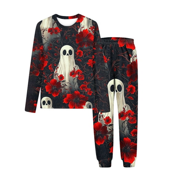 Fjofpr Girl Clothes Size 10-12 Children's Halloween Printed Round Neck Long Sleeved Top Elastic Waisted Pants Mid Size Children's Home Suit Set 11 years