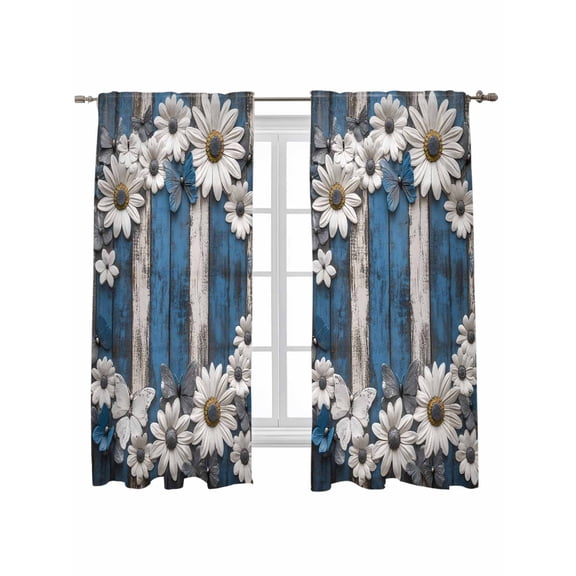 Blue White Daisy Curtains 72 Inch Length,Sheer Curtains for Bedroom Living Room Window Vintage Farmhouse Butterfly Floral Wood Rod Pocket Drapes Kitchen Curtains Small Half Window 52"x72" 2 Panels