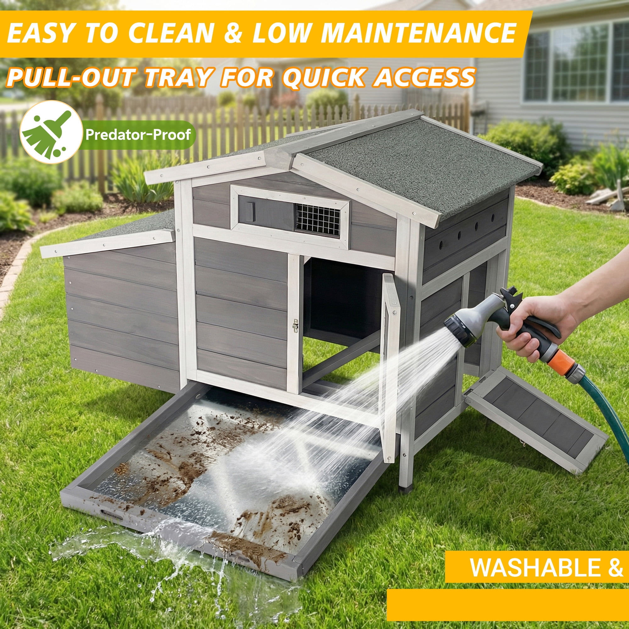 Outdoor Free-Range Wooden Chicken Coop with Asphalt Roof, Pull-Out Tray, Nesting Box with Easy Access, Front & Side Doors with Metal Latches