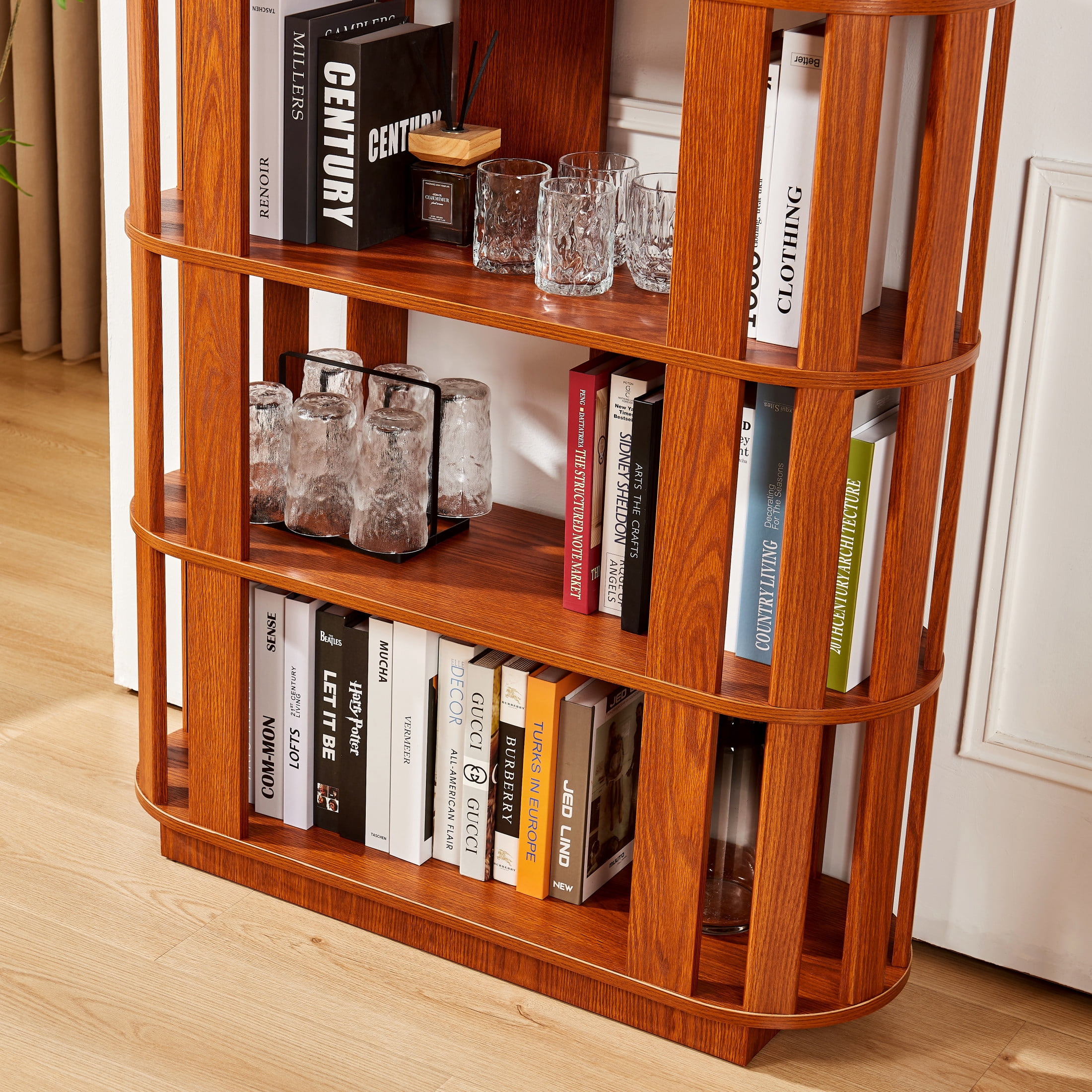 GDF Studio Lexair 5-Tier Wooden Oval Open Bookshelf with Curved Grid Frame, Storage Display Bookcase Rack, Dark Oak