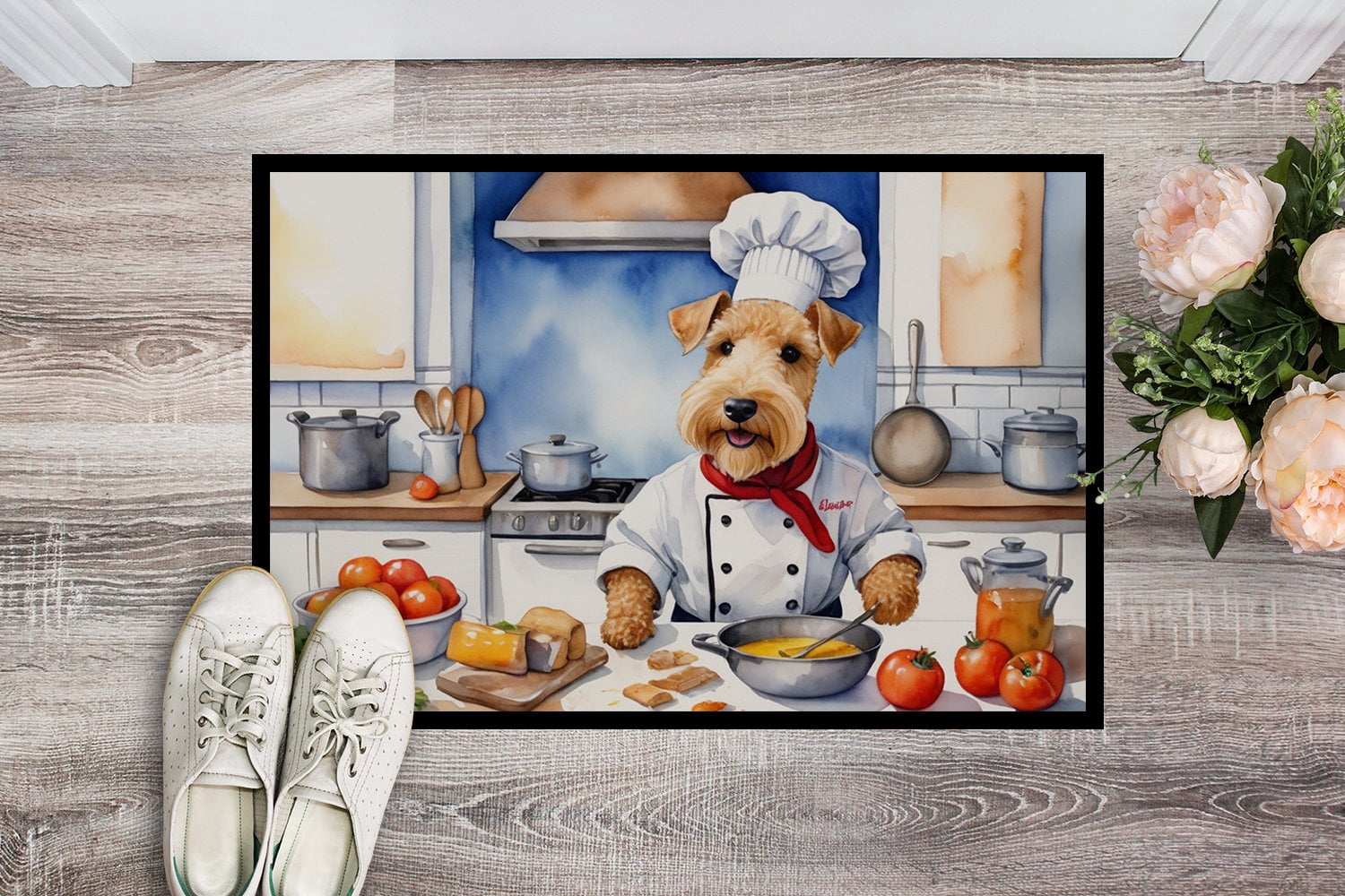 Caroline's Treasures DAC6281JMAT Lakeland Terrier The Chef Doormat Front Door Mat Indoor Outdoor Rugs for Entryway, Non Slip Washable Low Pile, 24H X 36W