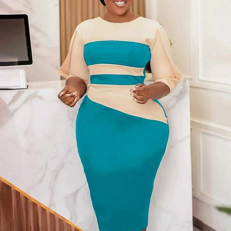 Safuny Women's Plus Size Knee Length Pencil Dress Solid Color Block Winter Autumn Dresses Round Neck Elegant Casual Trendy Half Sleeve Holiday Sky
