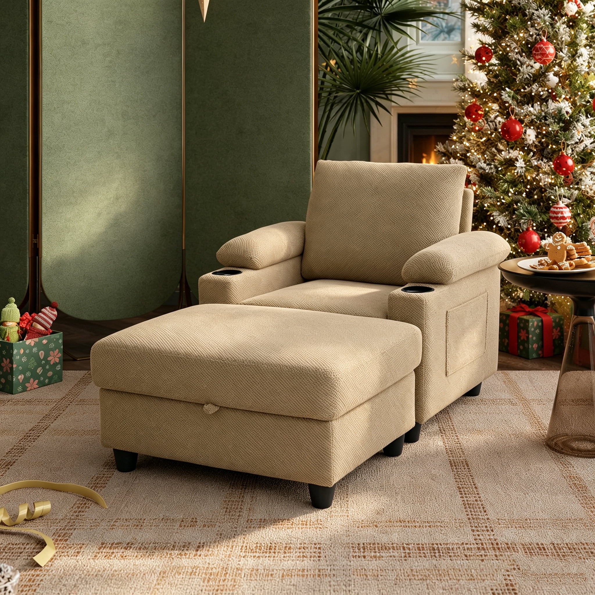 Aukfa Accent Chair with Storage Ottoman & Cup Holders, Convertible Sleeper Recliner Lounge Chair with Adjustable Backrest, USB-C Port & Side Pocket, Camel