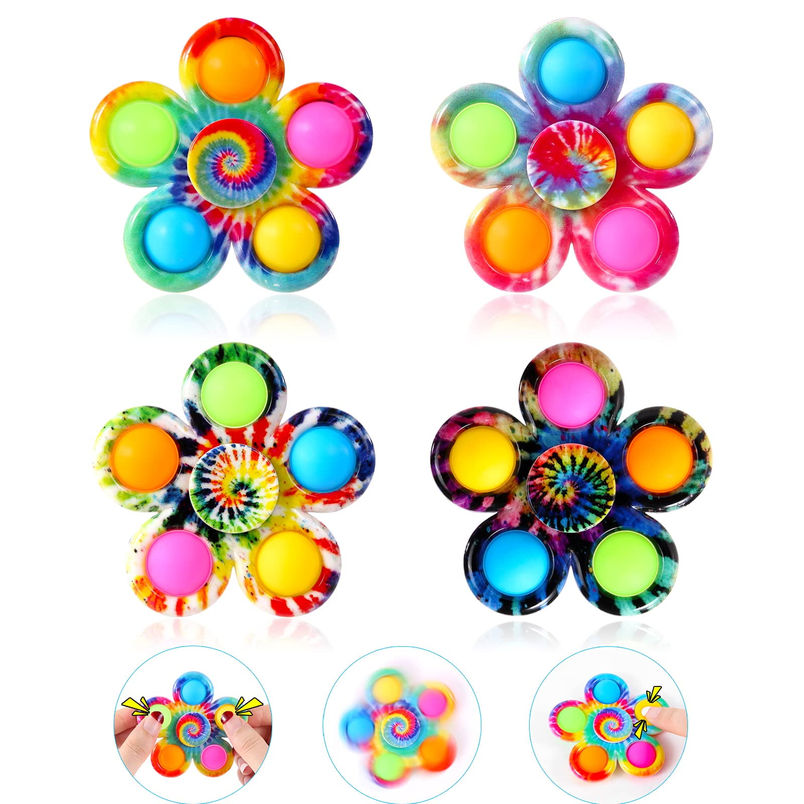 6 Pack Simple Dimple Fidget Toy 2 in 1 Push Pop Pop Fidget Spinner Finger Fidget Toy Pack with Pop for Kids Adults,ADHD Stress Autism Anxiety Stress Relief Reducer 
