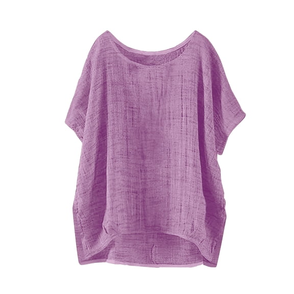 Htigea Plus Size Linen T-Shirt for Women Summer Crewneck Short Sleeve Tops Casual Loose Fit Tee Solid Color Beach Vacation Blouses Purple S