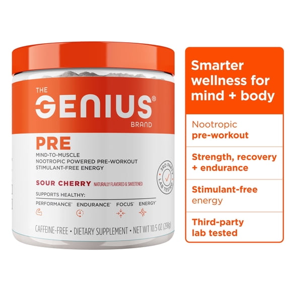 The Genius Brand Genius Pre - Clean Pre-Workout Powder for Energy, Focus & Fitness Support - No Artificial Flavors, Preservatives, or Proprietary Blends - Non-GMO - 20 Servings - Sour Cherry