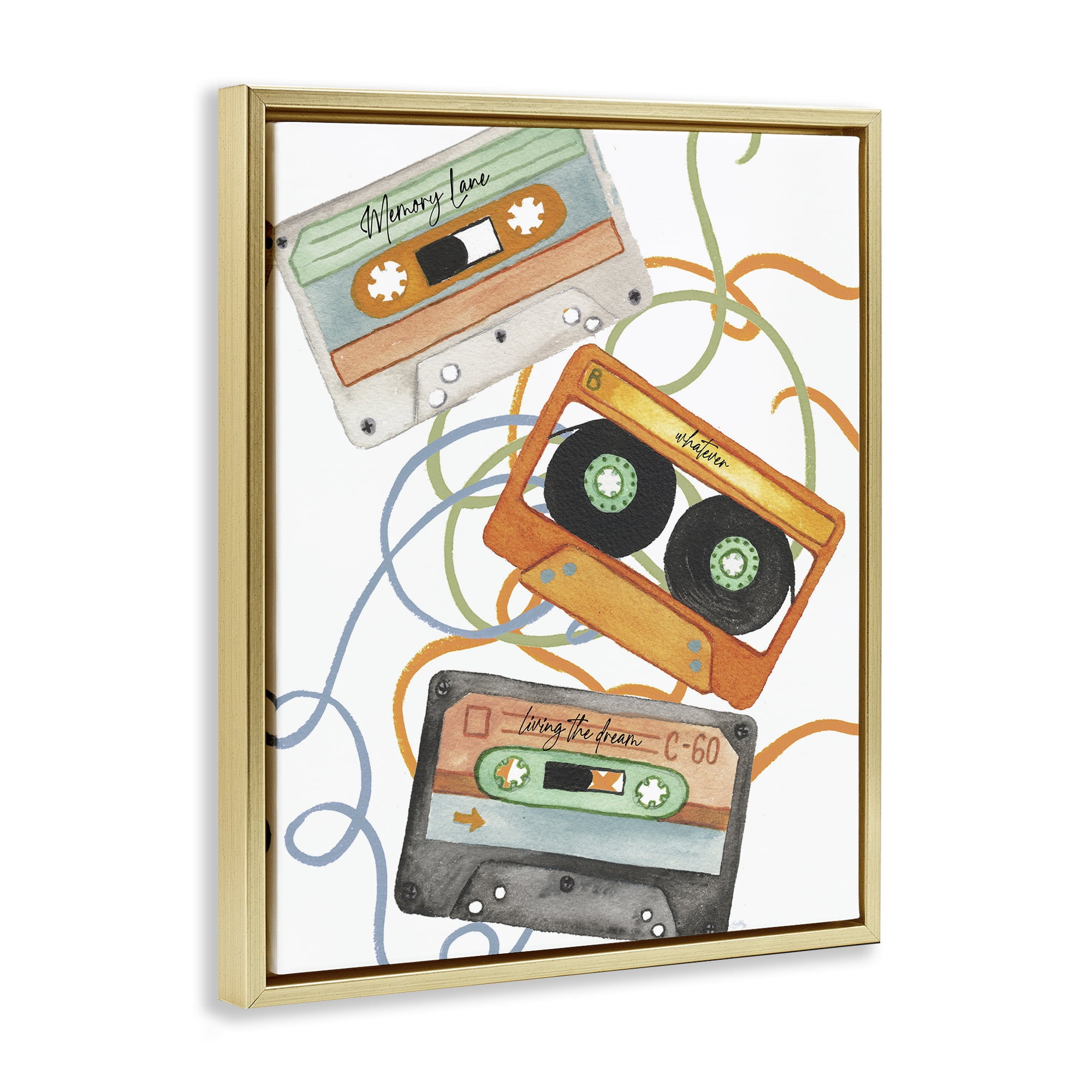 Stupell Industries Cassette Mix Tapes Trio Gold Framed Floater Canvas Wall Art, design by Elizabeth Medley