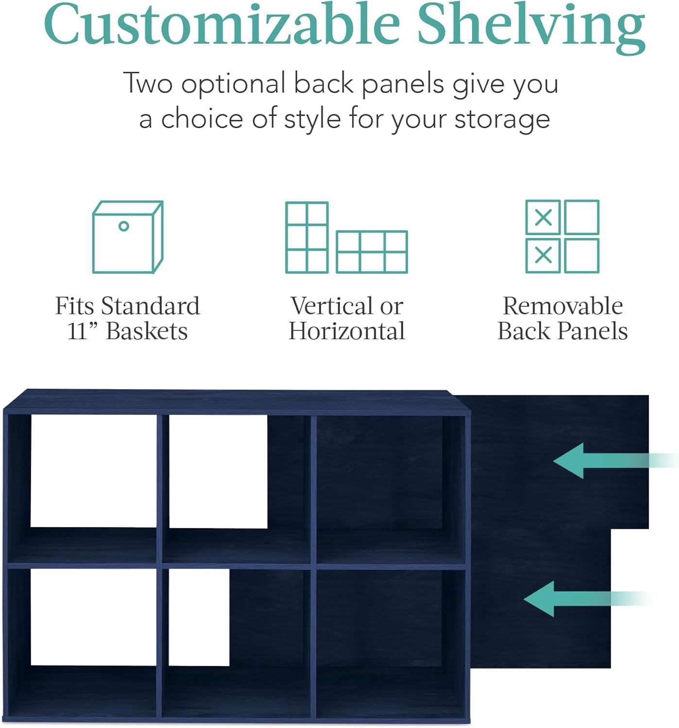 HJTER Kids Bookcase 6-Cube Storage Organizer, 11in Shelf Opening, Bookshelf, Toy Storage, Customizable w/ 3 Removable Back Panels – Navy