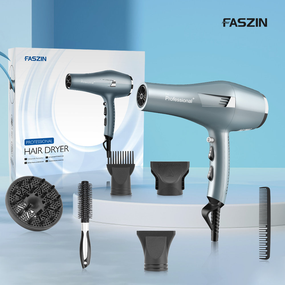 Faszin Ionic Salon Hair Dryer, Professional Blow Dryer 2200W AC Motor Fast Drying with 2 Speed, 3 Heat Setting, Cool Button, with Diffuser, Nozzle, Concentrator Comb for Curly & Straight Hair-Blue