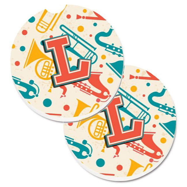Carolines Treasures CJ2001-LCARC Lettre L Rétro Sarcelle Orange Instruments de Musique Initial Ensemble de 2 Tasse Titulaire Voiture Coaster
