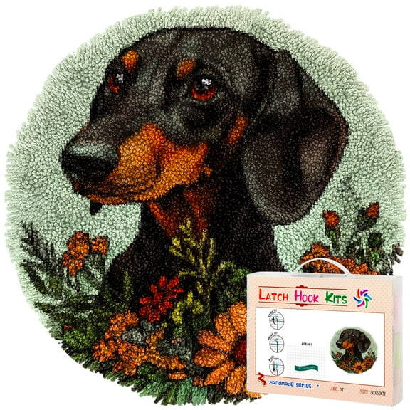 Latch Hook Rug Kit Dachshund Dog and Flowers Stamped Handmade Round Shape Carpet Crochet Yarn Craft DIY Hook and Latch Door Mat Tapestry for Christmas Home Floor Decor 50x50cm(2)
