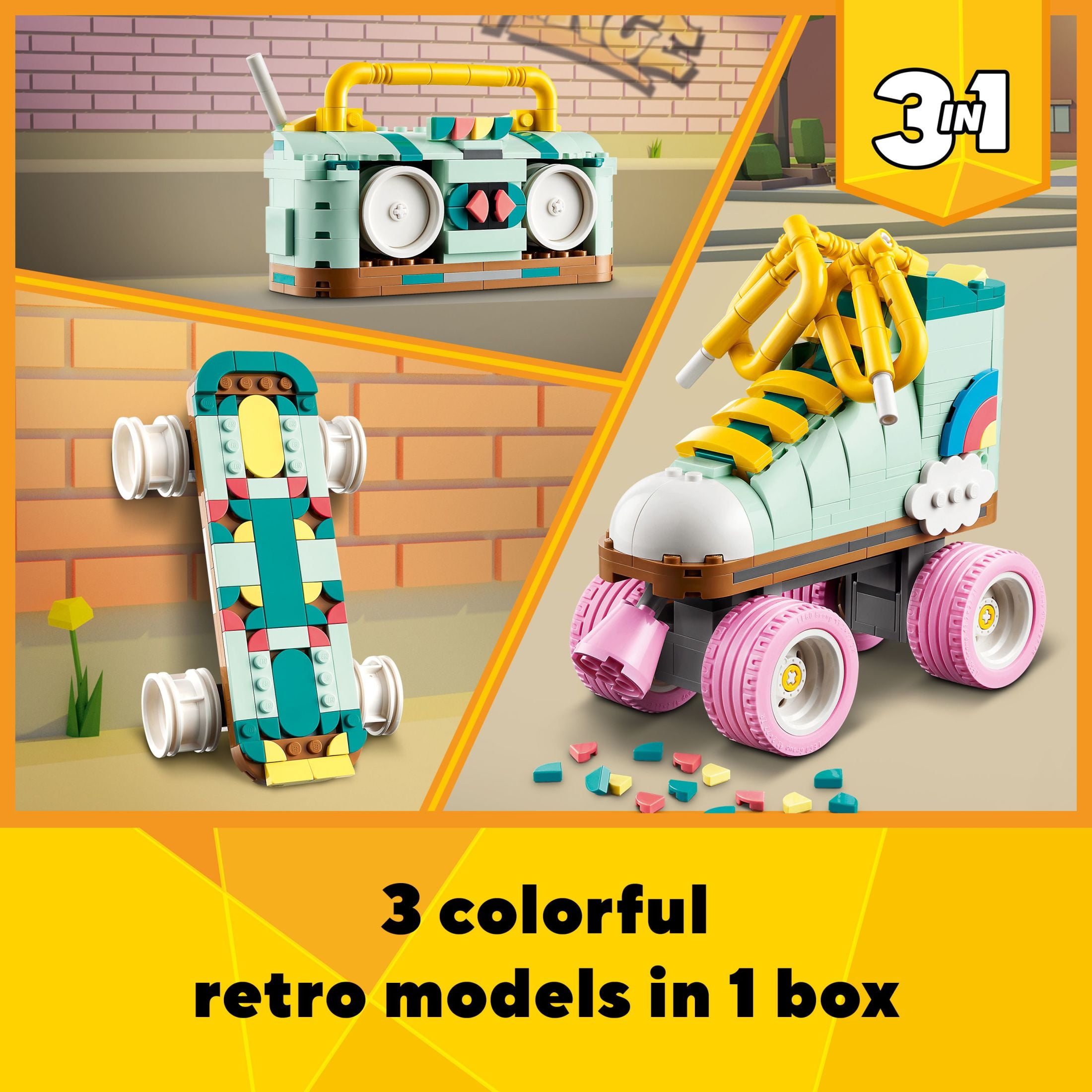 LEGO Creator 3 in 1 Retro Roller Skate Building Kit, Transforms from Roller Skate Toy to Mini Skateboard to Boom Box Radio, Birthday Gift for Skaters, Cool Toy for Boys and Girls Ages 8 and Up, 31148