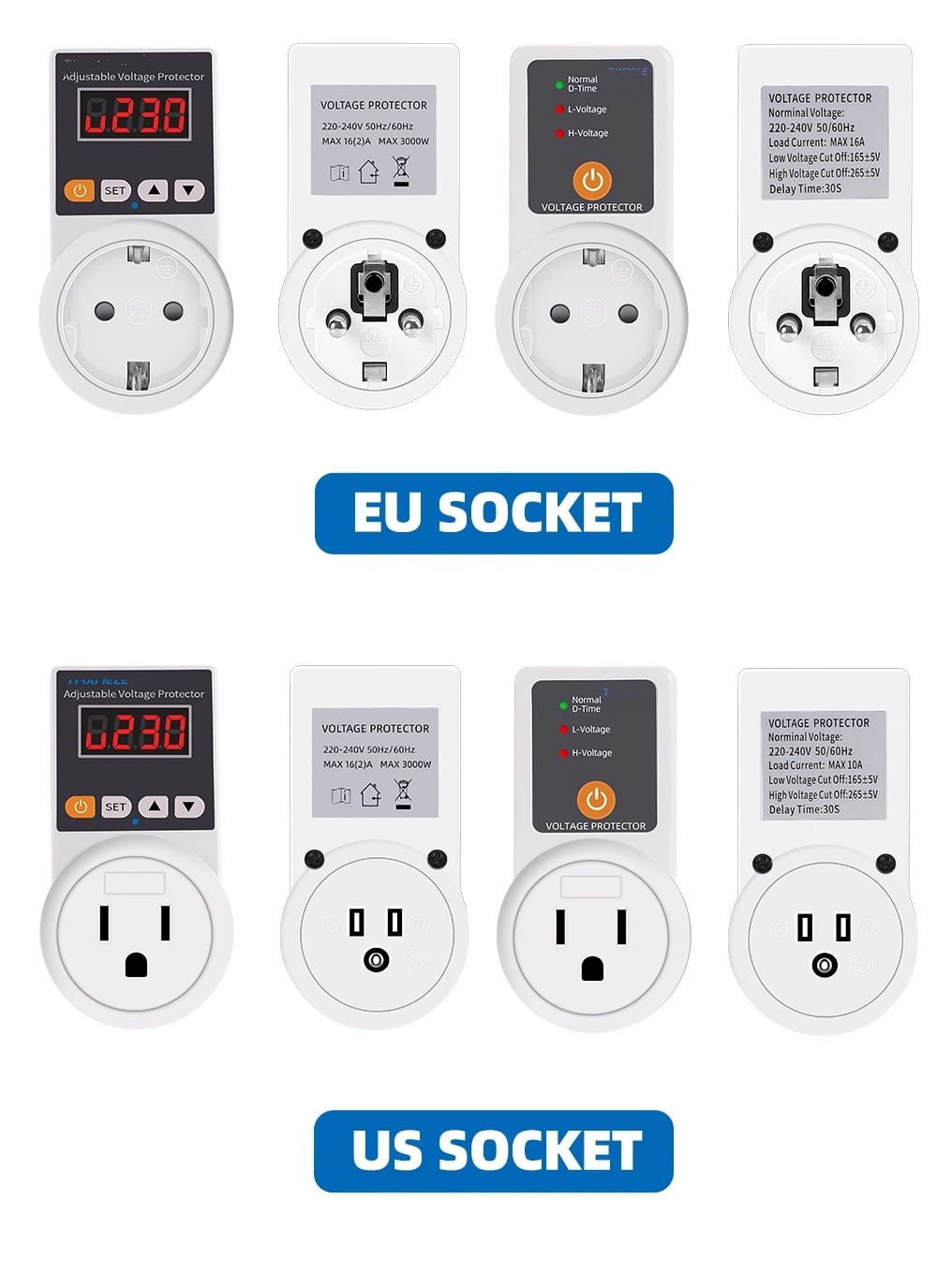 Automatic Voltage Protector Socket Adjustable Power Surge Protector Universal/US/EU/UK Plug Voltage Safe Protection Device AC 220V 16A