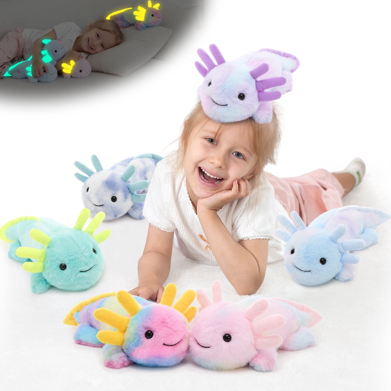 MorisMos 6 Pack Glow in Dark Axolotl Stuffed Animals, Soft Cute Rainbow Salamander Plush Toys