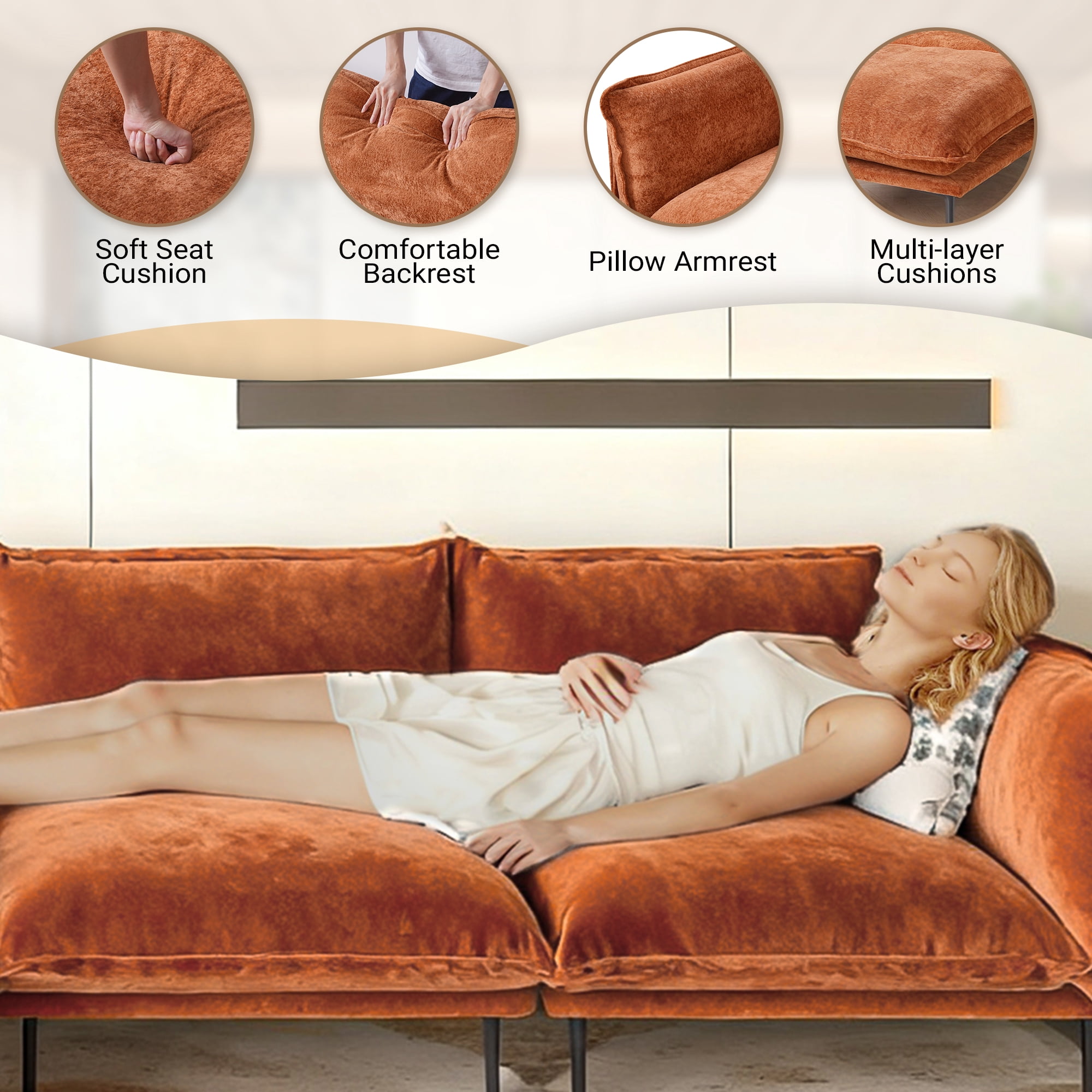 Magic Home Sectional Sofa with High Sofa Legs L-Shaped Couch Sofa Velvet Orange Couches 3 Seat Sofa U-shaped Sectional Couch, Living Room Furniture Set for Home Apartment Office Studio