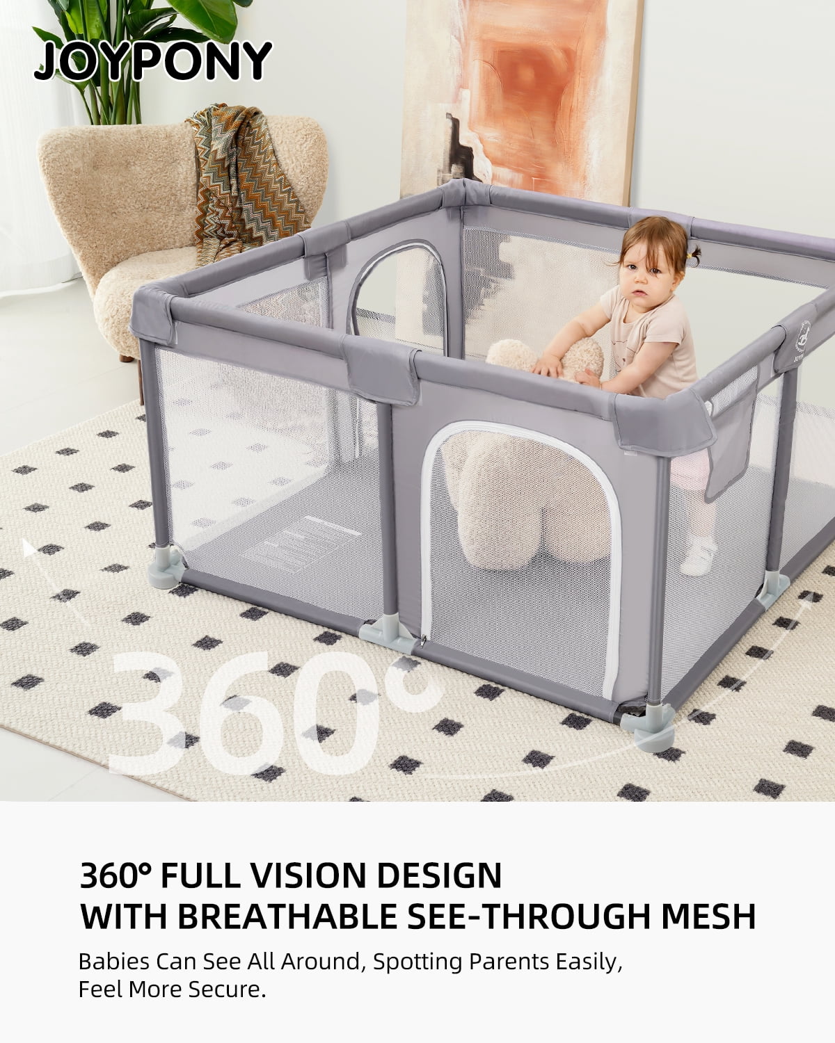 Joypony Extra-Large Baby Playpen, 50 x 50 x 27 in, Activity Play Yard for Baby, Breathable Mesh