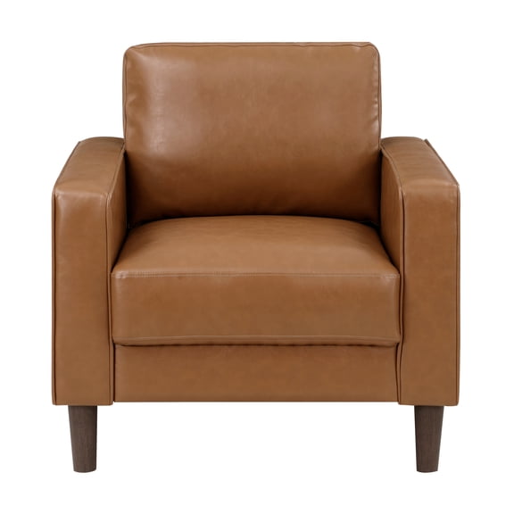 Nmkwnr Modern Upholstered Armchair Club Chair with Wood Legs, Faux Leather Accent Chair for Bedroom, Office, Living Room, Brown