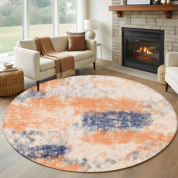 Round Area Rug 7 Ft, Orange Blue Washable Non-Slip Circle Carpet for Living Room/Bedroom, Minimalist Smear Abstract Art Painting Low-Profile Large Runner Mat Collection Rugs for Indoor