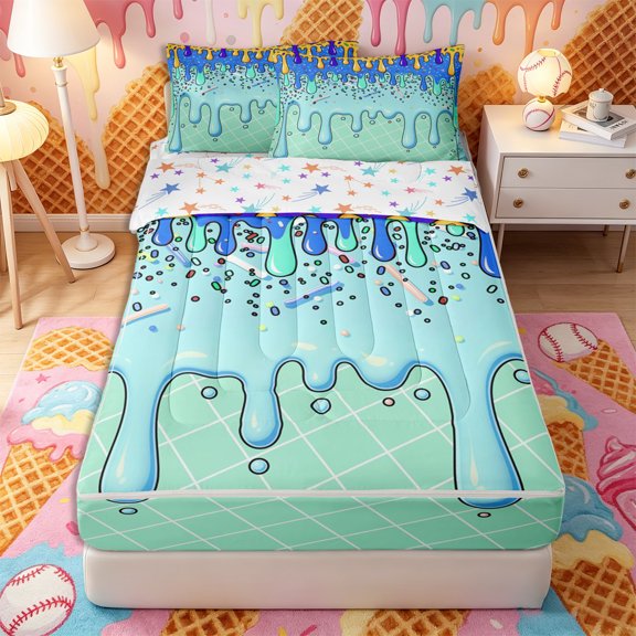 Castle Fairy Blue Ice Cream Drip Zipper Twin Comforter Sets with Fitted Sheet and 2 Pillowcases, Watercolor Food Dessert Zipper Bedding Set, Blue Green Yellow,4-Piece