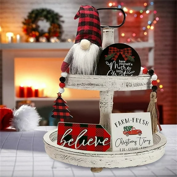 Christmas Tiered Tray Decor Merry Christmas Wooden Signs Plush Set, Rustic Tiered Tray Decorations for Indoor Home Room Table Mantle Fireplace, 5-Piece Set with Beads