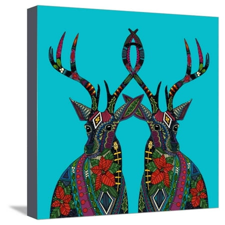 - Poinsettia Deer Blue Stretched Canvas Print Wall Art By Sharon Turner