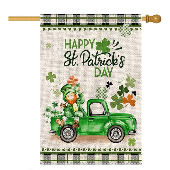 Happy St Patrick''s Day House Flag for Outdoor,Buffalo Plaid St.Patricks Truck with Leprechaun Shamrock Yard Flags for Outside,Seasonal Holiday Decorative House Flag for Farmhouse Spring Decor 28x40