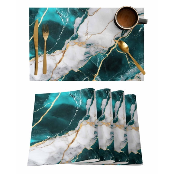 Placemats Set of 4, Marble Turquoise Woven Placemat, Linen Place Mats for Kitchen/Dining Tables, Abstract Gold White Brick Stone Motif Washable Table Mats for Party