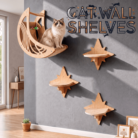 Cat Wall Shelves Wall Mounted Cat Climbing Shelf Modern Wooden Floating Perch Space Saving Cat Furniture Indoor Large Cats Moon Star Decor