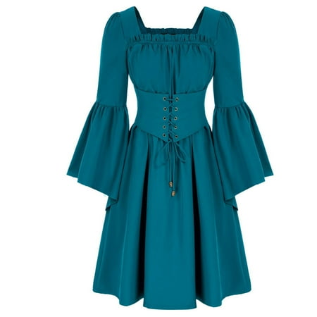 GigrtiJin Women s Renaissance Dress Medieval Bell Long Sleeve Square Neck Dress Corset Masquerade Cosplay Dresses