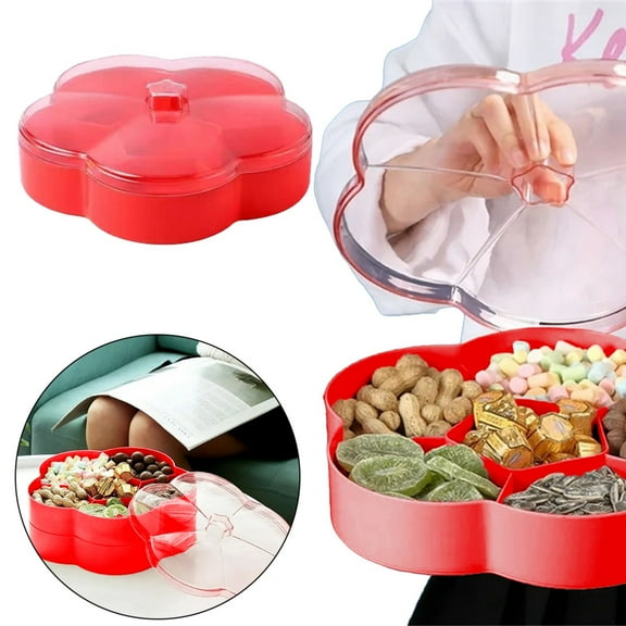 Flower Shape Candy and Nut Serving Container Tray With Lid, 6 Compartment Round Plastic Food Storage Organizer Divided Snack Plate for Christmas Party Holiday Entertainment, Portable Reusable
