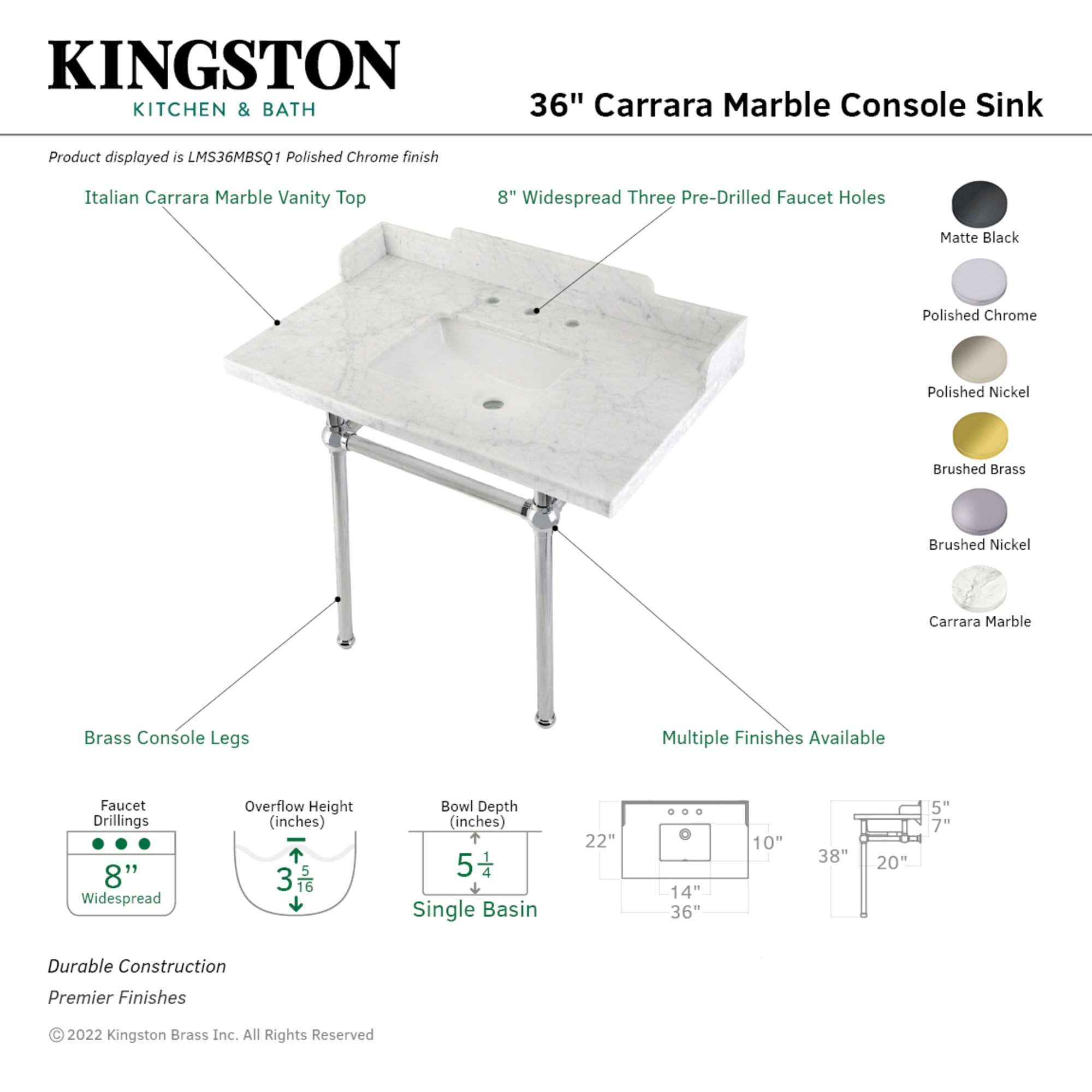 Kingston Brass LMS36MBSQ6 Pemberton 36" Carrara Marble Console Sink with Brass Legs (8-Inch, 3-Hole), Carrara Marble White/Polished Nickel