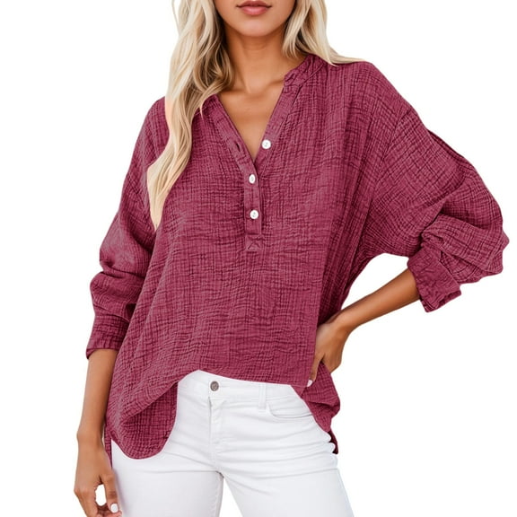 Fiaer.Long Sleeve V Neck Oversized T Shirts for Women.Womens Button up Casual Tshirts.Women's Trendy Loose Fit Asymmetric Hem Tops Red XL