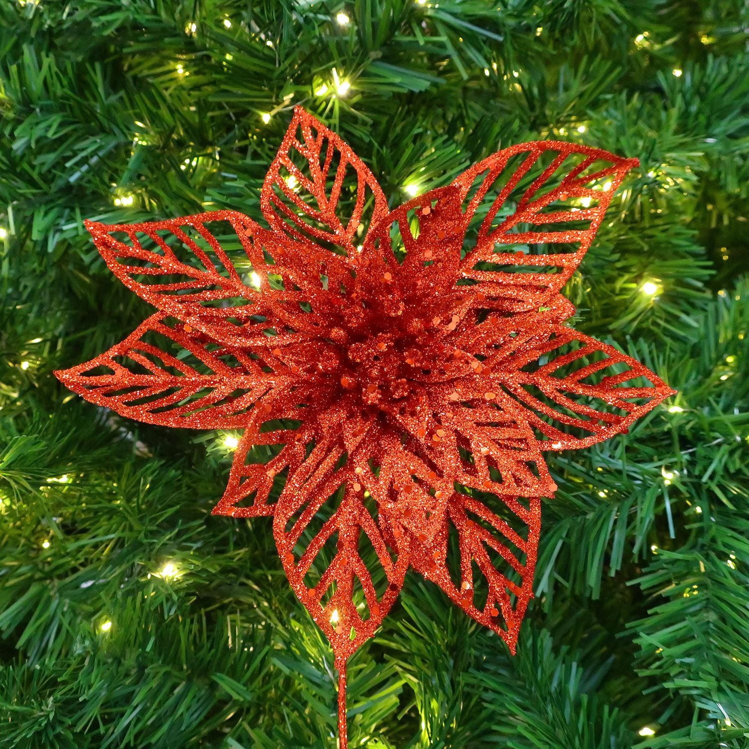 Holiday Time 9IN Red Glitter Poinsettia Pick