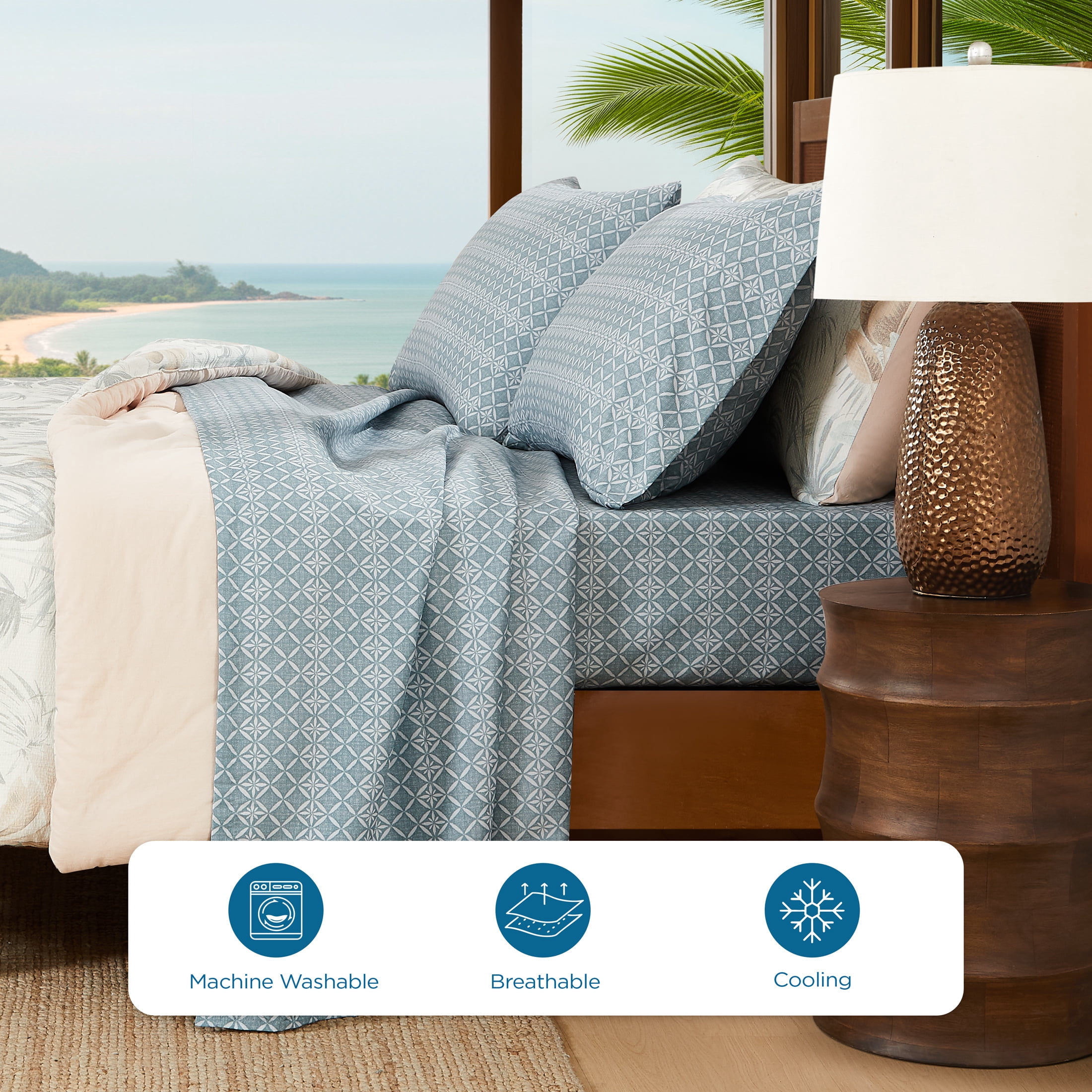 Coastal Living 4-Piece Green Print Soft Brushed Microfiber Luxury Cooling Sheet Set, Queen