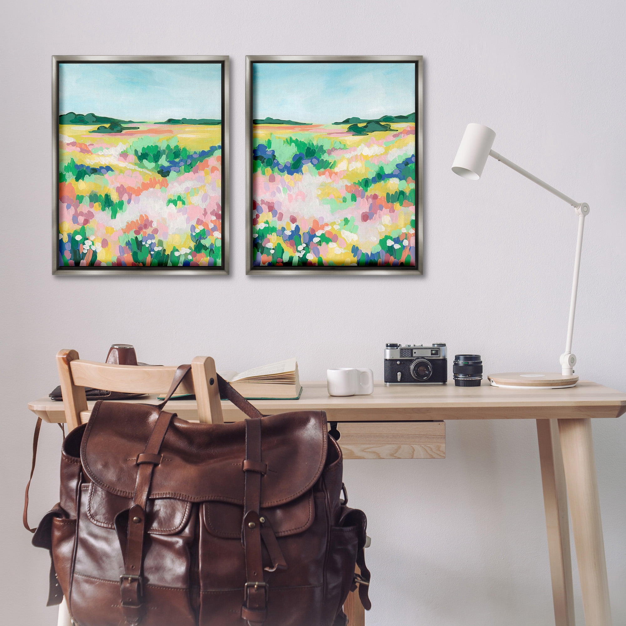 Stupell Industries Modern Country Meadow Landscape Painting Gray Floater Framed Canvas Art Print Wall Art, 25 x 31, Set of 2
