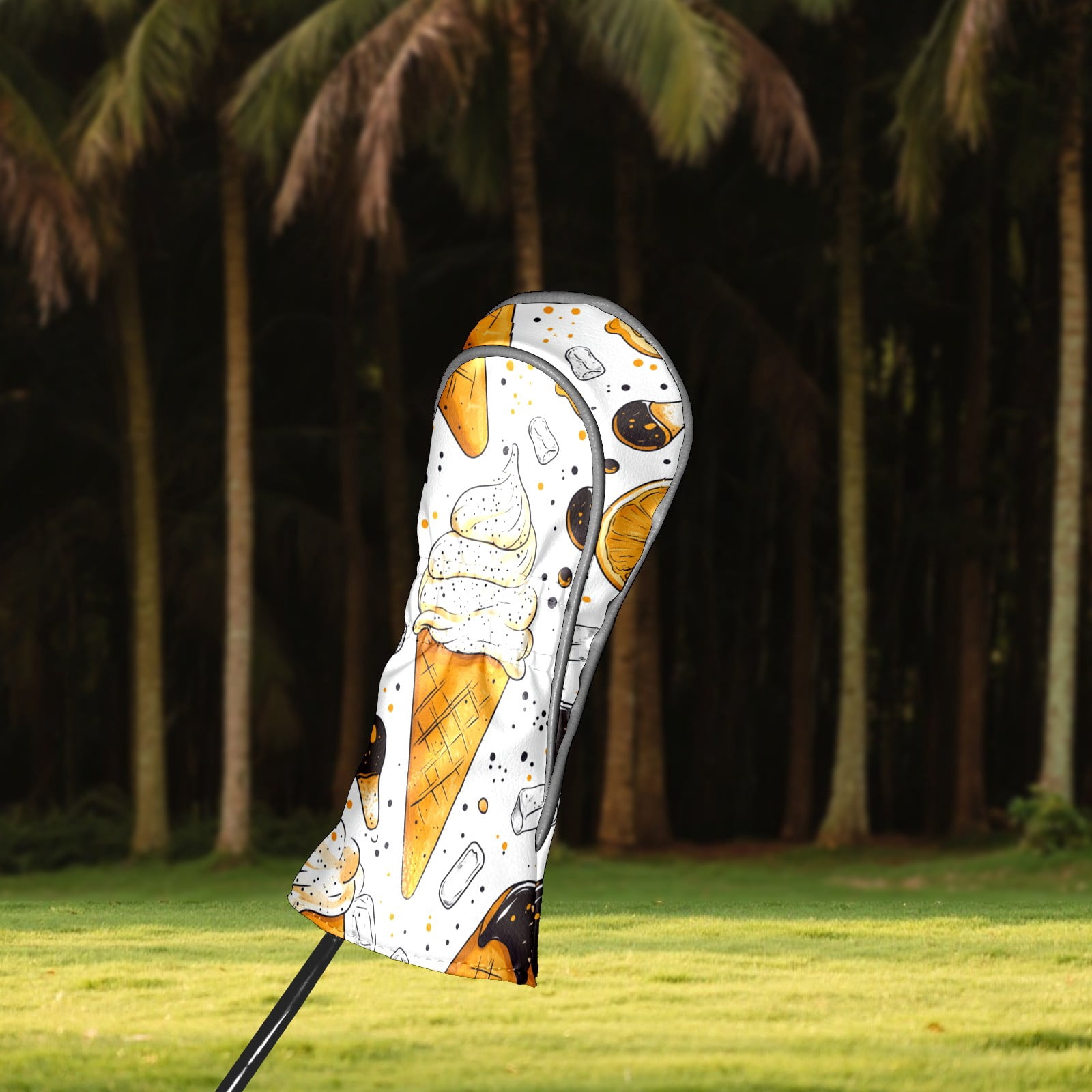 Golf Club Covers PU Leather Waterproof Head Covers for Fairway Woods Hybrids Yellow Ice Cream Pattern