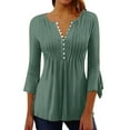 thumbnail image 3 of Womens Pleated Tunic Blouse V Neck 3/4 Sleeve Flowy Flare Fit Dressy Casual Button Down Top, 3 of 6