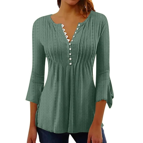 QASIEATN Womens Tops Dressy Casual V Neck Button Down Shirts Pleated Flowy Loose Flare 3/4 Sleeve Tunic Blouse Fall Fashion Outfits